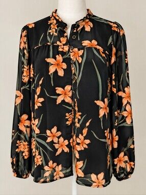 Les Serain Black & Orange Floral Flowy Blouse XS